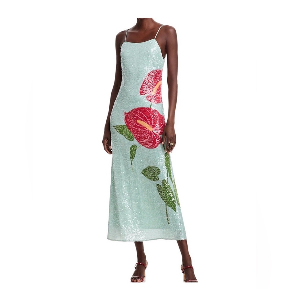 NWT Anthropologie Farm Rio Blue Anthurium Sequin Dress đș SOLD OUT Retail: $360 - Picture 2 of 11
